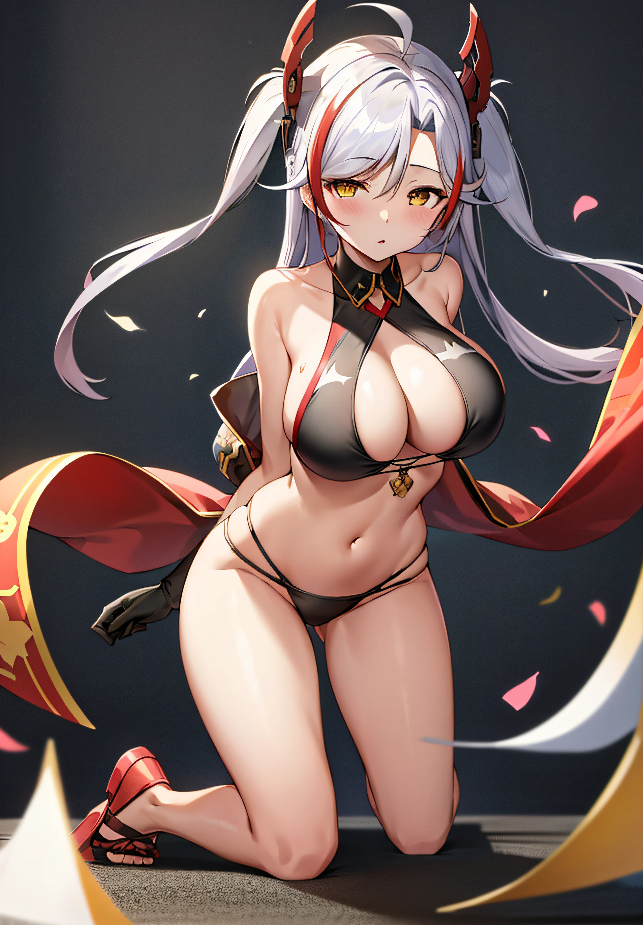 masutepiece, Best Quality, PrinzV4, 1girl in, Solo, Long hair, breasts, Looking at Viewer, Large breasts, gloves, Navel, Holding,  Yellow eyes, White hair, Red hair, multicolored hair,Pull the laces of underwear, official alternate costume, striated hair, Headgear, a flag, Red panties,  Pending Flag,Poses that emphasize breasts、top-quality,Black swimsuit、Black string swimsuit、lift the breast