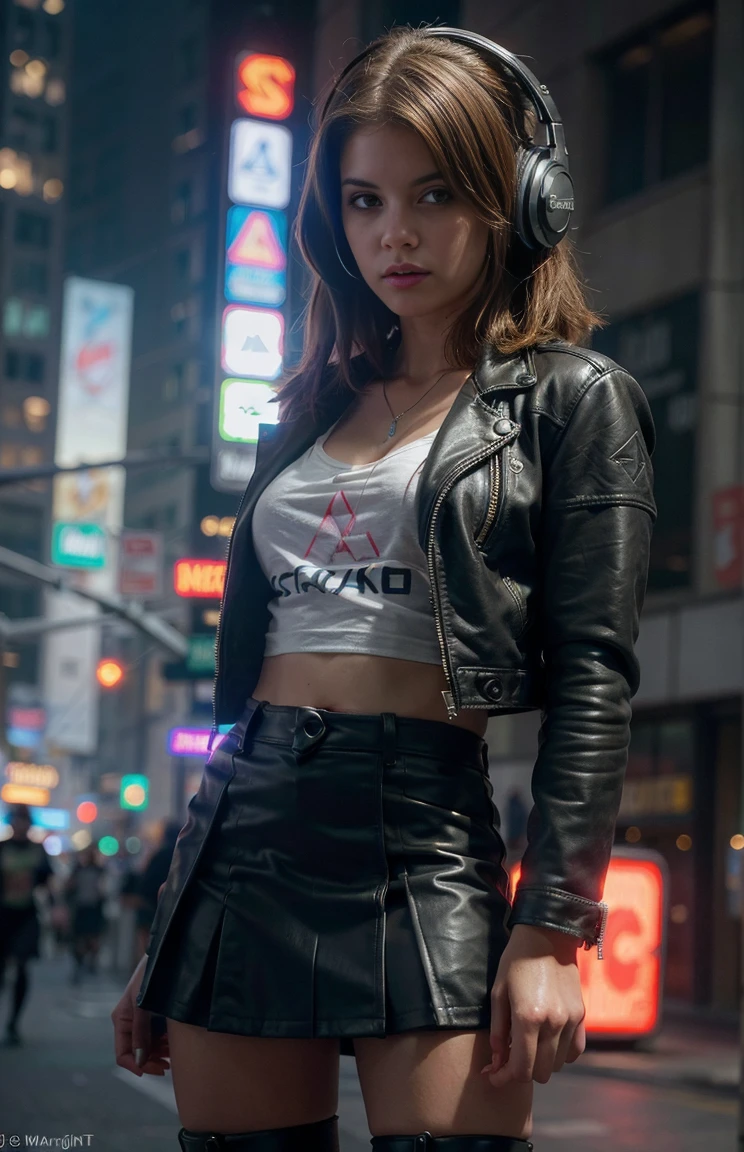 Best Quality, Realistic, Realistic, Award-Winning Illustration, (Complicated Detail: 1.2), (Fine Detail), (Complicated Detail), (Cinematic Lights, Best Quality Backlight), Crisp Lines, Crisp focus, official art, unity 8k wallpaper, absurd, unbelievably absurd, huge file size, ultra- (in_main_street:1.21), (neon lamp), fantasy art, rtx,((triangle closeup photo by award winning studio )), 1girl, very pretty, (shut up), small boobs, ((Cyberpunk city Street, Battle Maiden)), perfect hands, beautiful detailed eyes, Perfect Face, (Cyberpunk blouse, leather jacket, Martin boots) ,,(headphones_around_hair),((pleated skirt) ), ((supermodel pose)),