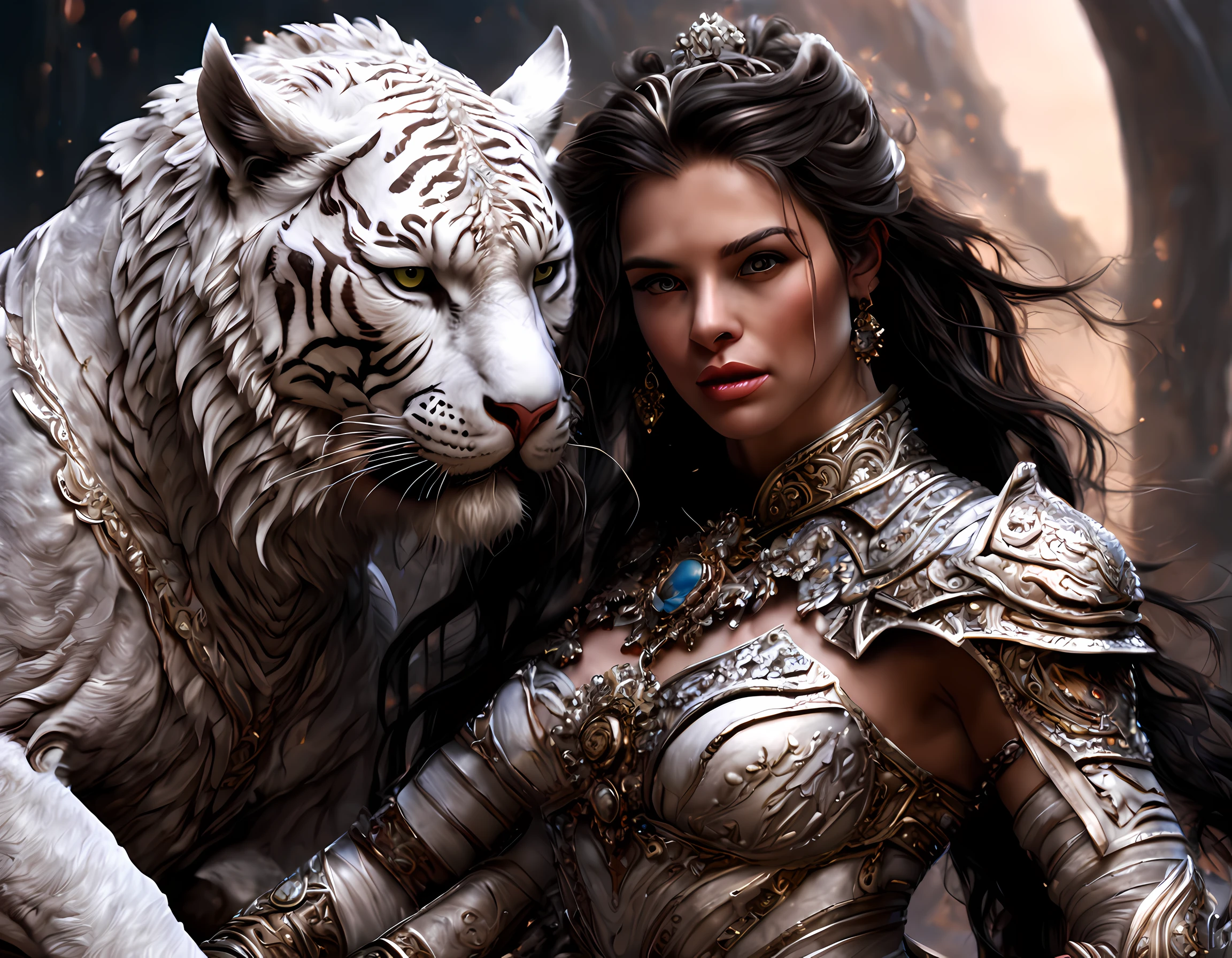 high details, best quality, 16k, RAW, [ultra detailed], masterpiece, best quality, (extremely detailed), dynamic angle, ultra wide shot, RAW, photorealistic, fantasy art,, rpg art, realistic art, a wide angle picture of a female human druid and her pet white tiger, priest of nature, cleric of nature, full body, [[anatomically correct]]. knelling woman (1.5 intricate details, Masterpiece, best quality) talking to a  white tiger (intricate details, Masterpiece, best quality: 1.5) in desert  (intricate details, Masterpiece, best quality: 1.5), a female  wearing leather clothes ( (intricate details, Masterpiece, best quality: 1.4) leather boots, armed with a GLOWING WEAPON, thick hair, long hair, brown hair, tan skin intense brown eyes, desert background (intense details), a stream flowing in an oasis ( (intricate details, Masterpiece, best quality: 1.5), night, moon light, stars ( (intricate details, Masterpiece, best quality: 1.5)), dynamic angle,  (intricate details, Masterpiece, best quality: 1.5)), high details, best quality, highres, ultra wide angle, drkfntasy