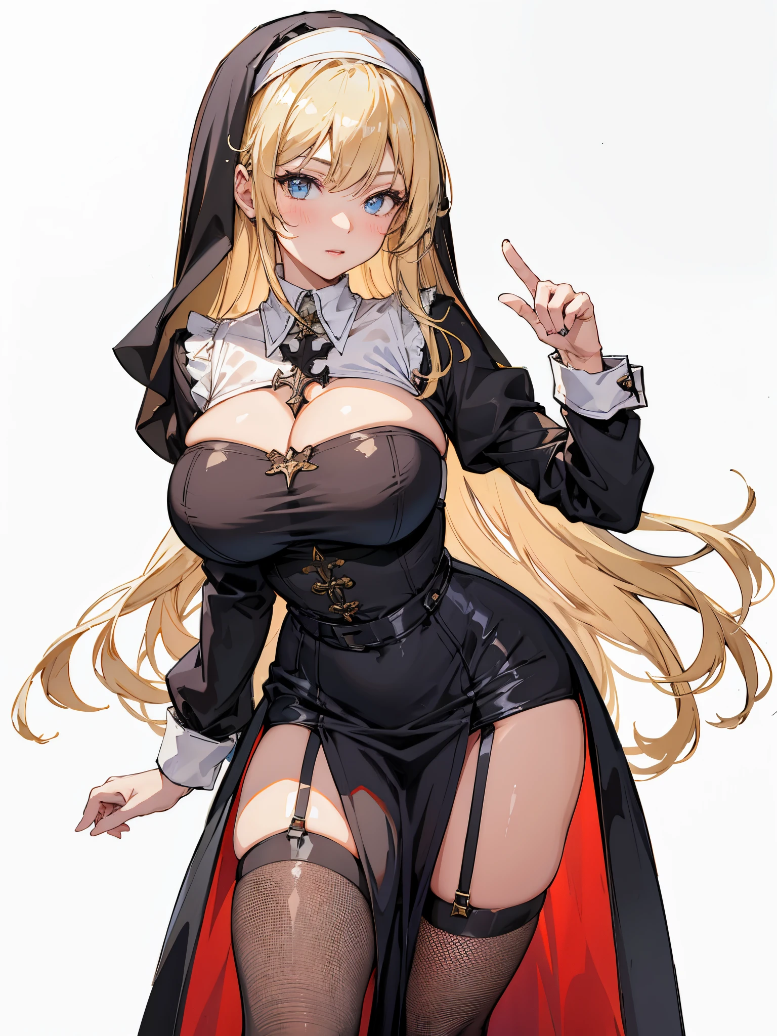 1girl，milf,blonde hair hair,black fishnet stockings,nun, large breasts，mature sexy face，