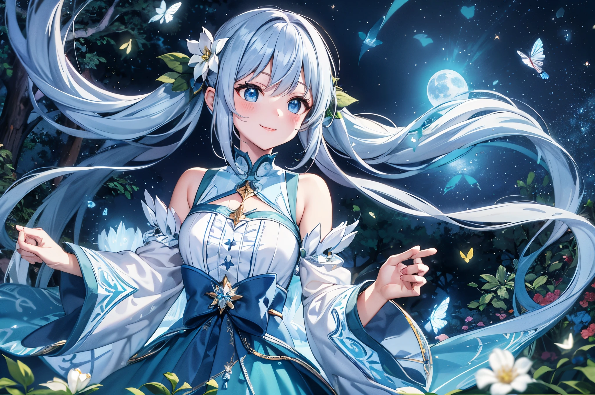Dynamic Angle、 within a magical forest, a mystical fairy girl emerges, Light blue long hair、Hairstyle is Twintails、adorable smiling、Moonlight twinkle, flower bloom、There is a pure white owl、The tree々While flapping its wings in the sparkling fireflies, the air resonates with the ethereal symphony of nature's whispers, Creating a field where dreams and reality intersect,Fantasy worldview