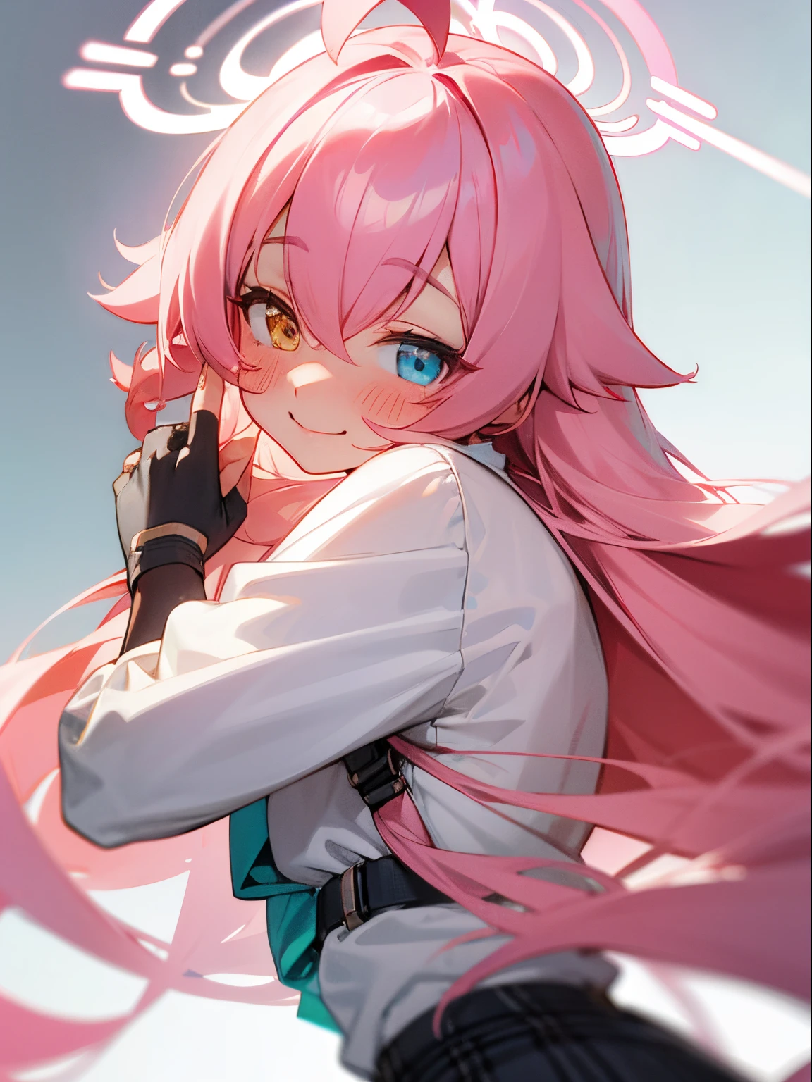 Hoshino, pink hair, long hair, happy face, blushing, look at camera, hands behing back