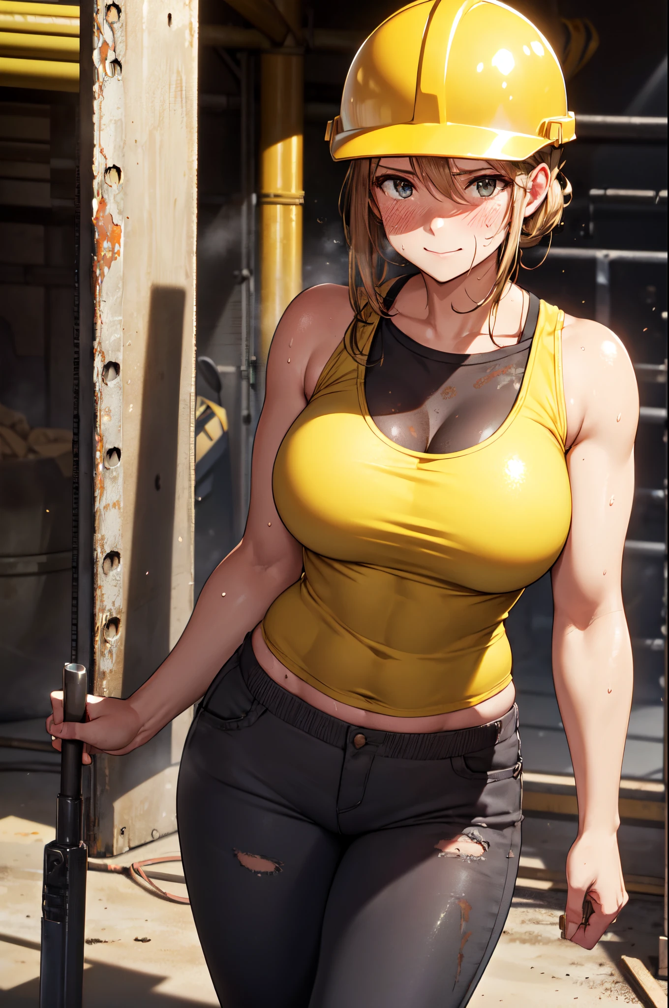 (High quality, High resolution, Fine details), Realistic, professional, (female worker), tank top, Yellow helmet, Long pants, industrial background, confident expression, working tools, hardworking, strong and toned arms, covered in sweat, ((dusty environment)), daylight, dynamic lighting, ((smudged face with oil marks)), modern style, solo, curvy women, sparkling eyes, (Detailed eyes), smile, blush, Sweat, Oily skin, shallow depth of field