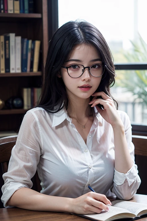 16-year-old woman, black hair color hair, streaked hair, multicolored hair, Beautiful hairstyle, transparent thin frame glasses, thinking face, ssmile （Wear button-down shirts, Large breasts）, sitting down, Learn, intermittently, lying on the table, get a pencil, opened book, glass of milk, table light, intermittently, In the library, Wall decoration, Mini library, glass window, wall clock, intermittently, 电影灯光, realistically, tmasterpiece, Best quality at best, Complex CG, The face is very detailed, High detail eyes, There is milky white liquid flowing on the surface of the chest skin