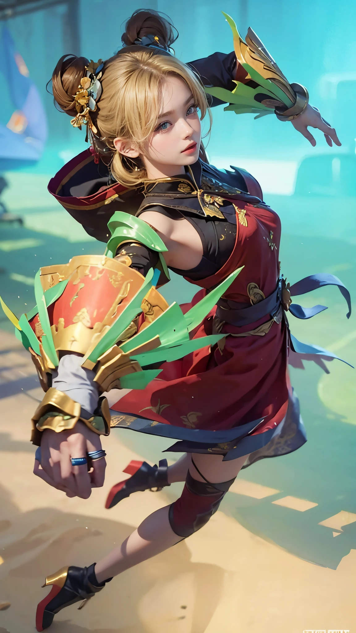 best quality, masterpiece, highres, 1girl,china dress,hair ornament, twin bun, ( hand armor) ,Beautiful face,upon_body, tyndall effect,photorealistic, dark studio, rim lighting, two tone lighting,(high detailed skin:1.2), 8k uhd, dslr, soft lighting,Photograph, high resolution, 4k, 8k, Bokeh(blonde)