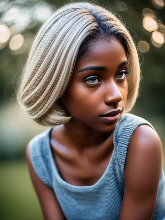 A solo (( full shot)) of an attractive ((brown skin young woman )) she is beautiful and petite ((wearing a short corduroy dress, white tee and knee socks)) the look is ((girly look with blue corduroy dress)) ((lifelike skin texture))((very detailed image )) she has a petite figure ((stunning eyes and a sharp nose)) a perfect (( long blonde white hair)) UHD, a Masterpiece,Realistic textures,(( hyper-realistic)), 8k, photorealistic, XT3 grain,Fujifilm((ines c dos Santos))