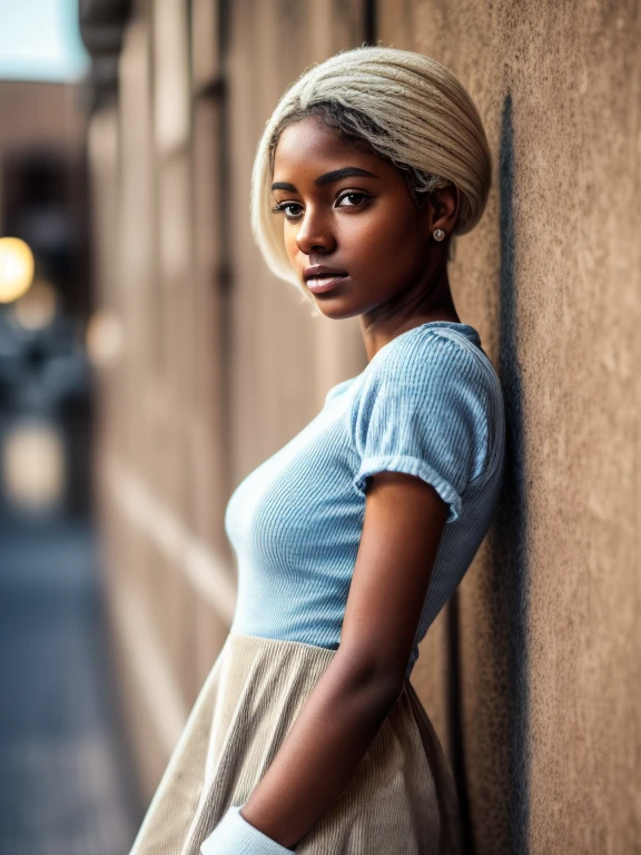A solo (( full shot)) of an attractive ((brown skin young woman )) she is beautiful and petite  ((wearing a short corduroy dress, white tee and knee socks)) the look is ((girly look with blue corduroy dress)) ((lifelike skin texture))((very detailed image )) she has a petite figure ((stunning eyes and a sharp nose)) a perfect (( long blonde white hair))  UHD, a Masterpiece,Realistic textures,(( hyper-realistic)), 8k, photorealistic, XT3 grain,Fujifilm((ines c dos Santos))
