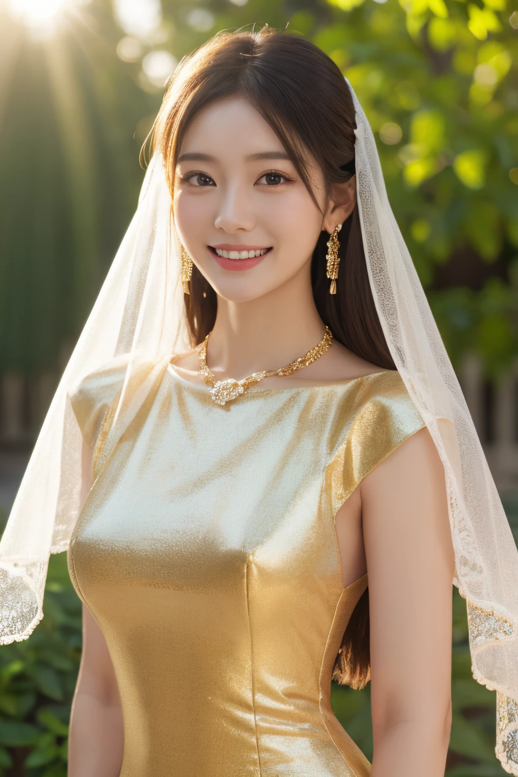 1 girl, dunhuang dress, thin veil covering whole body, perfect body shape, crisps medium breasts, 8k, ultra realistic, glossy skin, smile on a face, excited expressions, beautiful japanese girl, gold heavy necklace, queen earings, upper body shot, front view, looking at the viewer, perfect body shape, in the garden, cinematic lighting, sunrays,