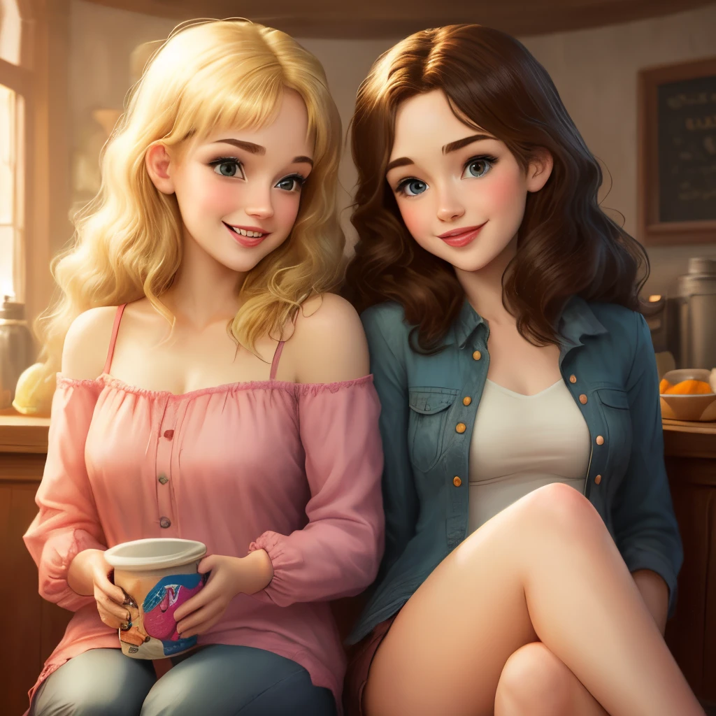 Bill Ward's art, illustration, pretty girl, long hair, perfect glass hour body, huge breasts, super small waist, vintage thin sheer. Tight sexy skirt with obvious feminine features, smiling, sitting in a street café in Paris drinking coffee, the picture is colorful and elegant