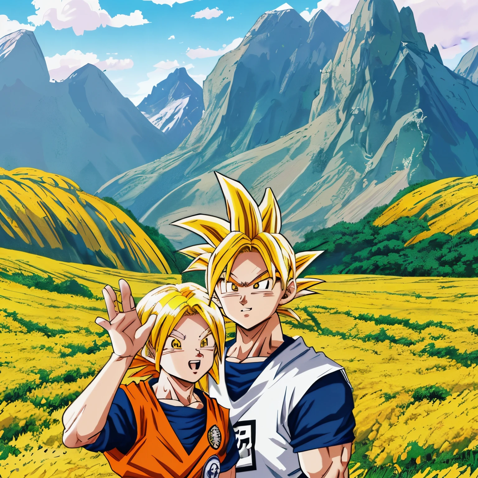 there are two people standing in a field with mountains in the background, 2D,Comic style, comics, dragonball,Son Goku,quadratic element,shoun,head portrait,super saiyan, ((yellow hair:1.3)),(blond hair:1.3), goku, super saiyan, dragon ball concept art, dragon ball artstyle,4k, manga wallpaper,