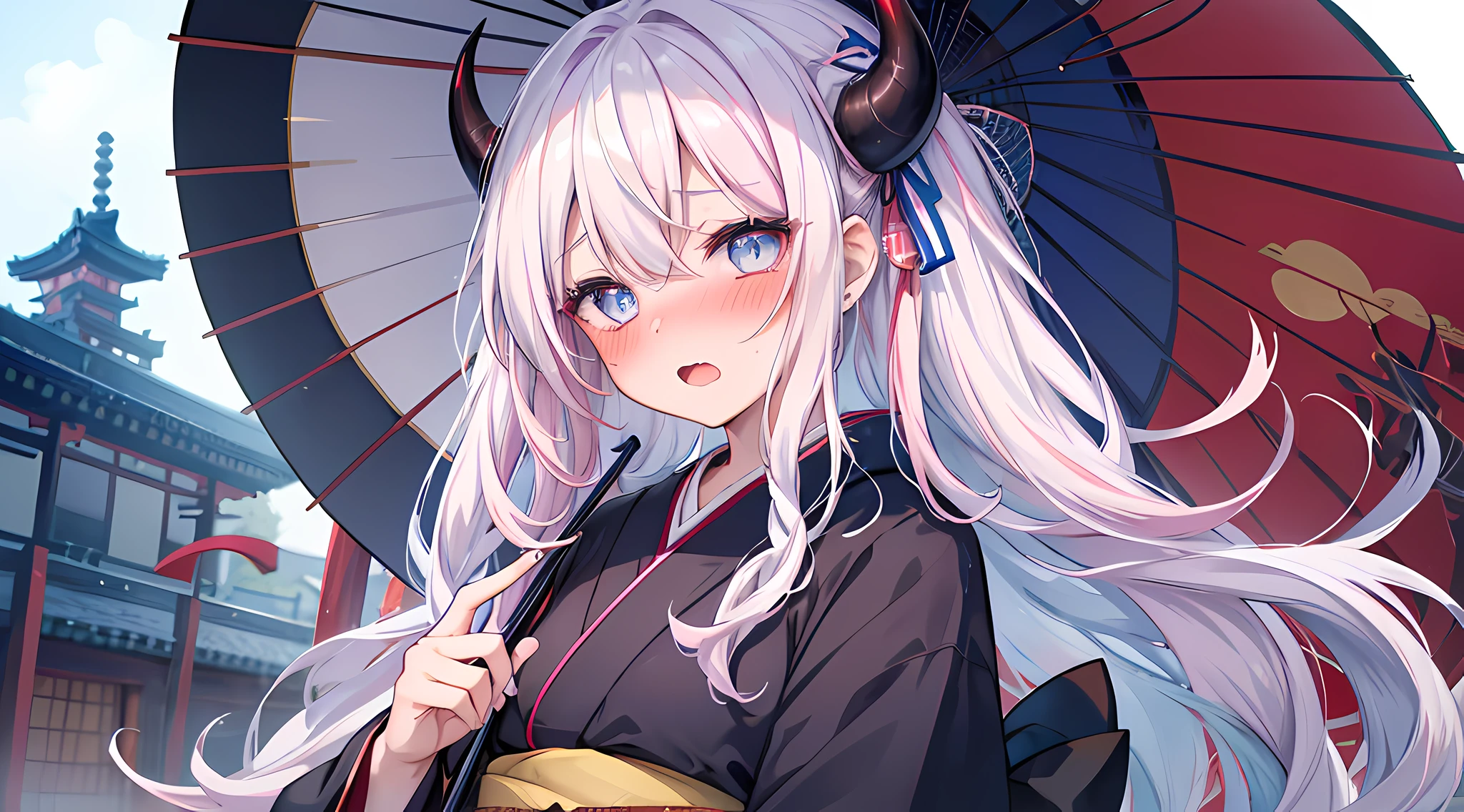 Anime girl with long white hair and blue eyes holding an umbrella ...