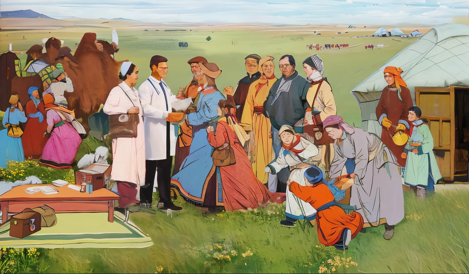 A group of people stand in the field，Painting with tent, maxim sukharev, full-colour illustration, being in the grassland, author：György Rózsahegyi, Knyazev Konstantin, ( Art Fitzpatrick ), Kent Monkman, Alexei Egorov, center of picture, author：David Burton Richardson