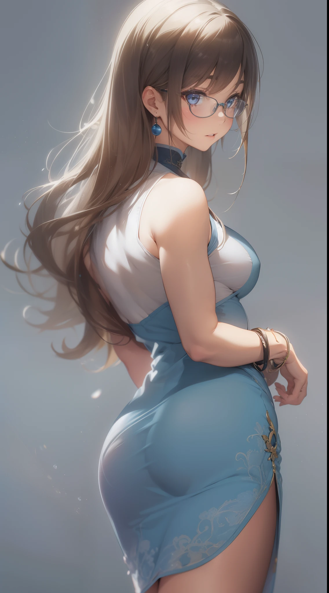 8K, masutepiece, Raw photo, Best Quality, Photorealistic, Highly detailed CG Unity 8k wallpaper, depth of fields, Cinematic Light, Lens Flare, Ray tracing, (Extremely beautiful face, Beautiful lips, Beautiful eyes), intricate detail face, ((Ultra detailed skin)) 1girl in, In the Dark, deepshadow, , (Very slim and slender fit muscular body:1.3), ((Looking at Viewer)),(), (Blurred background),(No people in the background:1.3), Beautiful earrings, Bracelets, pantyhose, Clear eyes, Walking, (pale skin), (Big eyes), Face forward, (Brown hairs), (Full body shot), ((Blue cheongsam:1.3)), ((tight fitted)), , (Looking at Viewer:1.3) opened ??????, Very slim, ??????????????, backtrack, (Back shot), ??? forcus, Before the eyebrows,(Tight Dress), thick thighs,Frameless glasses,Beautiful ponytail,