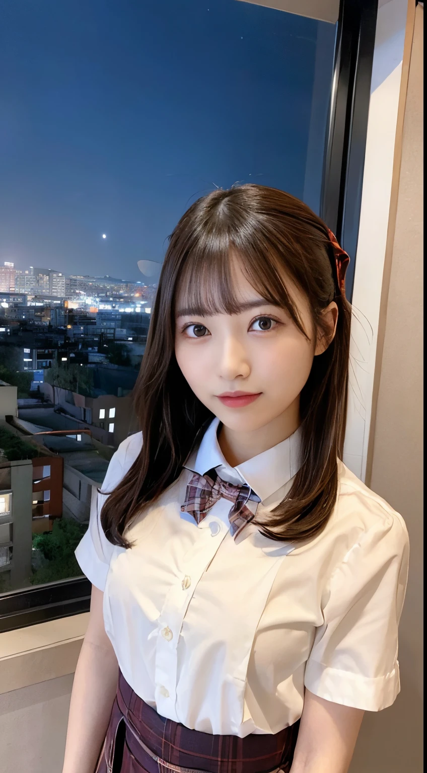 (smile:1.2),long hair,RAW portrait of (japanese woman),30 years old,photorealistic,ultra high res,best quality,masterpiece,
BREAK
(face focus:1.5),(front:1.3),(looking at viewer:1.2),brown eyes,(thin eyebrows:1.2),(diagonal bangs),
BREAK
(hand on own chest:1.1),(school uniform:1.1),(white short sleeve shirt:1.3),(red bow tie:1.2),(medium breasts:1.2),(brown_plaid_pleated_long_skirt),
BREAK
(hotel room),(luxury),(city night view),(night sky),closed big window,