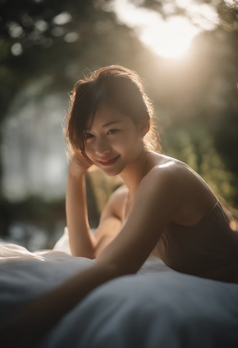 High resolution, (Official art, Beautiful and aesthetic: 1.2), Close View, Complete nakedness，Exposed bust，a bed, girl, Running, Refreshing smile, natural beauty, inspiration, light effect ,barechested,Japan 20-year-old woman,
