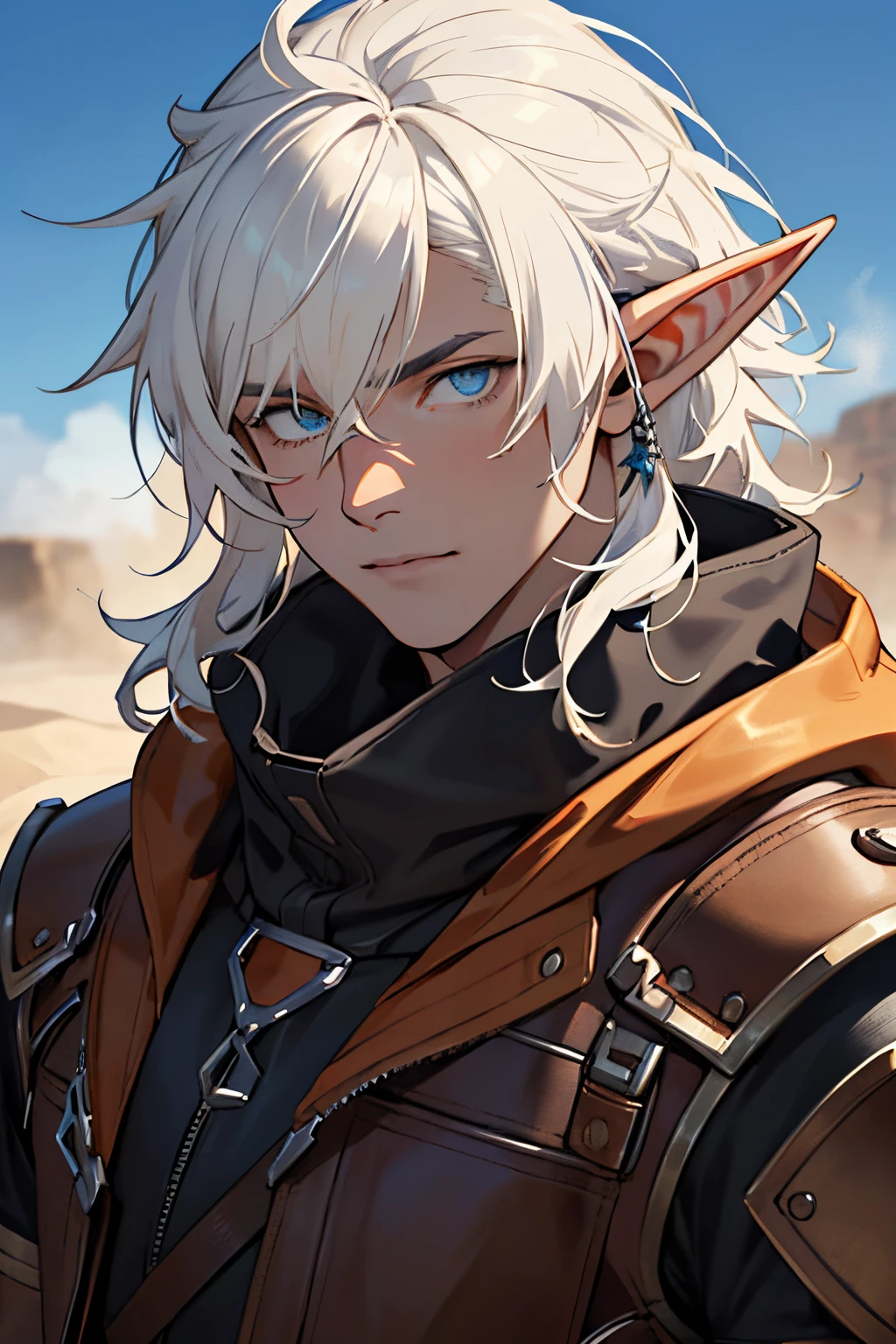 portrait of a male elf ((full lenght portrait)), long white hair, pale skin, deep blue eyes, wearing a brown leather armor, wearing a sand color cloack and hood, walkink in a desert, sandstorm, steampunk style((best quality)), ((masterpiece)), (detailed), perfect face
