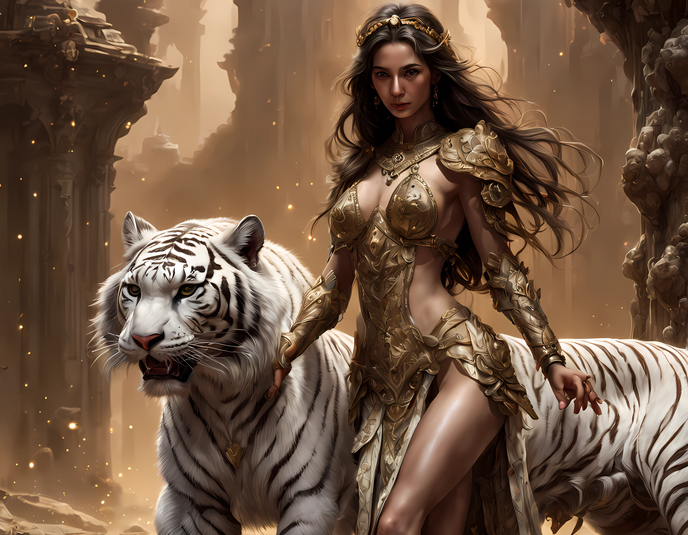 high details, best quality, 16k, RAW, [ultra detailed], masterpiece, best quality, (extremely detailed), dynamic angle, ultra wide shot, RAW, photorealistic, fantasy art,, rpg art, realistic art, a wide angle picture of a female human druid and her pet white tiger, priest of nature, cleric of nature, full body, [[anatomically correct]]. knelling woman (1.5 intricate details, Masterpiece, best quality) talking to a  white tiger (intricate details, Masterpiece, best quality: 1.5) in desert  (intricate details, Masterpiece, best quality: 1.5), a female  wearing leather clothes ( (intricate details, Masterpiece, best quality: 1.4) leather boots, armed with a GLOWING WEAPON, thick hair, long hair, brown hair, tan skin intense brown eyes, desert background (intense details), a stream flowing in an oasis ( (intricate details, Masterpiece, best quality: 1.5), night, moon light, stars ( (intricate details, Masterpiece, best quality: 1.5)), dynamic angle,  (intricate details, Masterpiece, best quality: 1.5)), high details, best quality, highres, ultra wide angle, drkfntasy