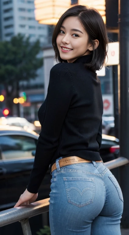 ((facing back)), ((Super close-up of buttocks)), ((Skinny Long Jeans)), ((Black tight sweater)), A city scape, (The FW), 1womanl, Solo, 24 year old, 7headed body, (cute  face), (Ideal ratio body proportions), (fully body photo),Smiling smile, erectile nipple, Sexy body, Wet, short-hair, Dark hair, Big, plump buttocks, beauty legs, surrealism, Cinematic lighting, depth of fields, One-person viewpoint, oh, nffsw, masutepiece, ccurate, ((Anatomically correct)), Textured skin, Super Detail, high details, High quality, awardwinning, Best Quality, hight resolution, 8K