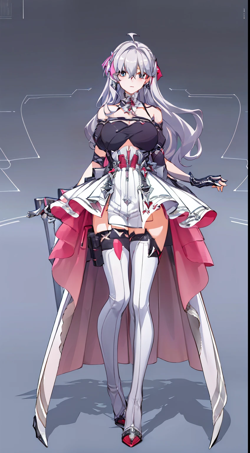 tmasterpiece, Best quality at best, Long gray hair, Blonde hair, eBlue eyes, Large breasts, Indoors, janelas, Wide hips,vup vertical painting,Sit Pose,bare-legged,high-heels,Expose the soles of your feet,fully body photo,With long bangs,cover,sword sisters