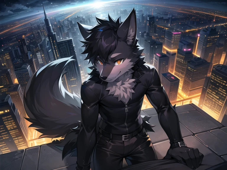 furry art, masterpiece, best quality, anime, illustration, sharp, light_environment, city, clear, shiny, ultra-detailed, 1boy, solo, black, anthro furry, anthro_male_wolf, black fur, long pants, pov from below, smile