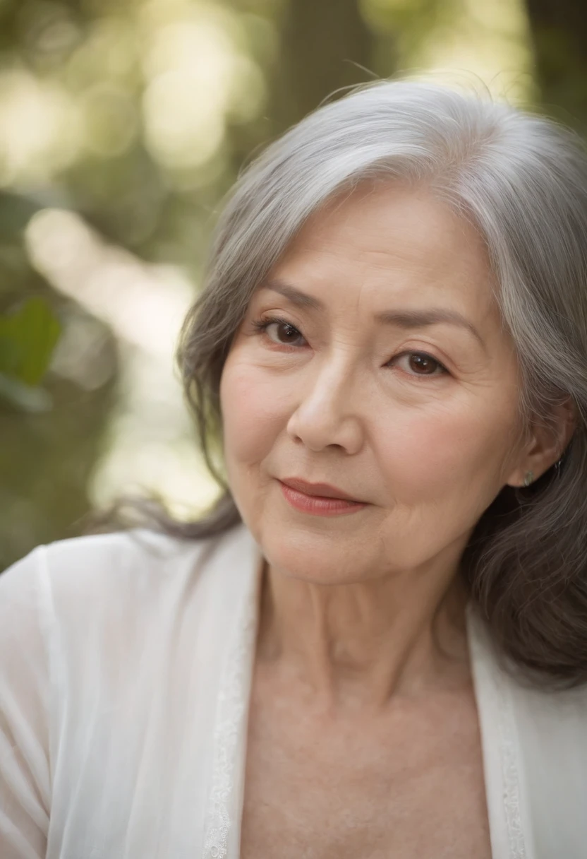 (((plump Japan and beautiful))) light skinned, Women around 65 years old, Natural gray hair, Dark brown eyes are characteristic, Complete nakedness, slender and graceful,,, Beautiful, In the forest with a natural atmosphere, Ultra Sharp Focus, realistic shot, nakeness, Tetradic color (Scar:1.4)