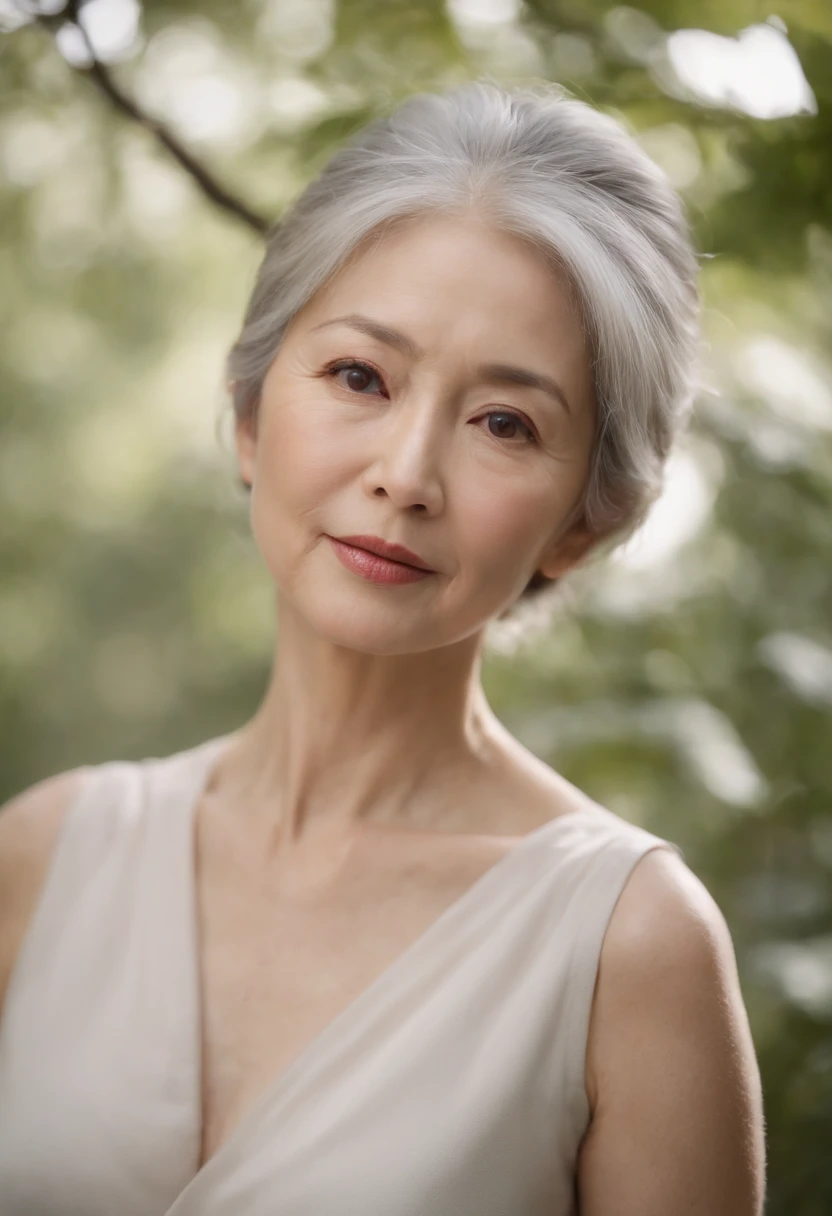 (((plump Japan and beautiful))) light skinned, Women around 65 years old, Natural gray hair, Dark brown eyes are characteristic, Complete nakedness, slender and graceful,,, Beautiful, In the forest with a natural atmosphere, Ultra Sharp Focus, realistic shot, nakeness, Tetradic color (Scar:1.4)