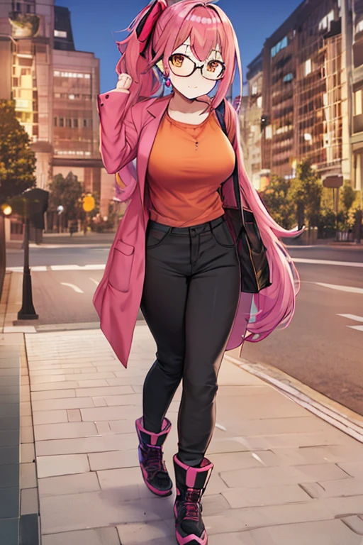 full body girl, pink hair, long hair, side ponytail, orange eyes, glasses, turquoise sweater, black cozy pants, boots, hair ribbon, earrings, shy, big breasts, best quality