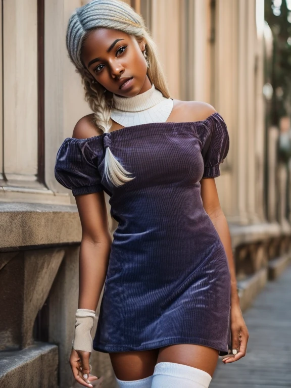 A solo (( full shot)) of an attractive ((brown skin young woman )) she is beautiful and petite  ((wearing a short corduroy dress, white tee and knee socks)) the look is ((girly look with blue corduroy dress)) ((lifelike skin texture))((very detailed image )) she has a petite figure ((stunning eyes and a sharp nose)) a perfect (( long blonde white hair))  UHD, a Masterpiece,Realistic textures,(( hyper-realistic)), 8k, photorealistic, XT3 grain,Fujifilm((ines c dos Santos)) ((knee high socks))
