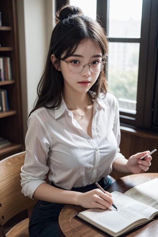 16-year-old woman, streaked hair, Beautiful hairstyle, transparent thin frame glasses, thinking face, ssmile (Wear button-down shirts, Large breasts), sitting down, Learn, intermittently, lying on the table, get a pencil, opened book, glass of milk, table light, intermittently, In the library, Wall decoration, Mini library, glass window, wall clock, intermittently, 电影灯光, realistically, tmasterpiece, Best quality at best, Complex CG, The face is very detailed, High detail eyes, There is milky white liquid flowing on the surface of the chest skin, hair bun