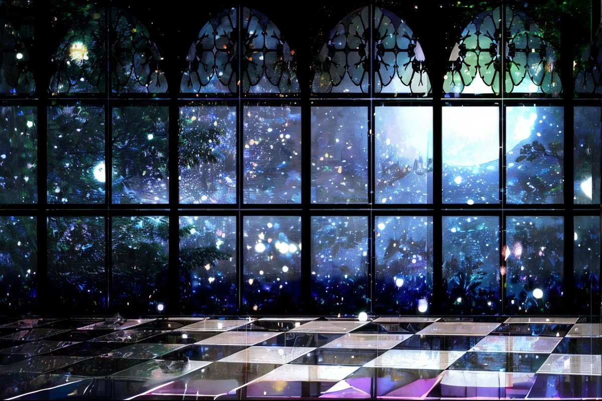 There is a big window.、I can see the outside space, Large window to the forest at night, magical background, Stunning Arcanum background, Ballroom background, fairy tale style background, a crystalline room, glowing stained glass backdrop, Light Kingdom Background, magical environment, open window ib background, magical fairy background, magical forest backround, Mysterious Cathedral Window