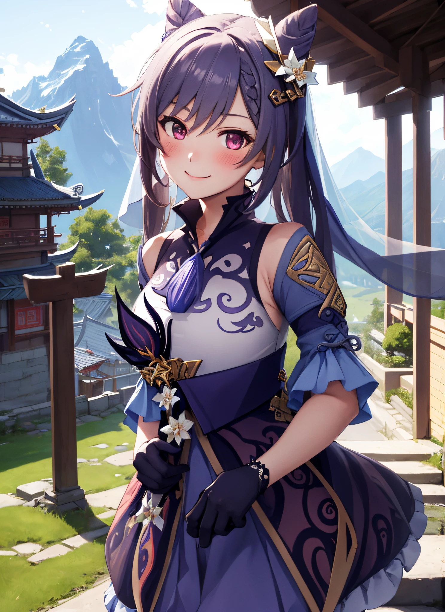 keqingdef, upper body, smile, blush, outdoors, day, simple background, blue sky, full veil, sky, temple, looking at viewer, stairs, mountain, moody lighting, facing viewer, sex