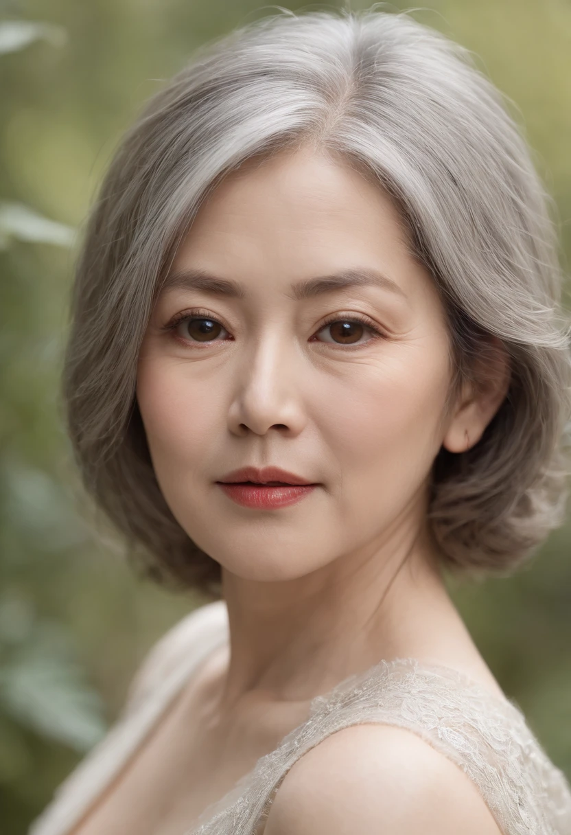 (((plump Japan and beautiful))) light skinned, Women around 65 years old, Natural gray hair, Dark brown eyes are characteristic, Complete nakedness, Exposing bust，detailed bust，slender and graceful,,,, Beautiful, In the forest with a natural atmosphere, Ultra Sharp Focus, realistic shot, nakeness, Tetradic color (Scar:1.4)