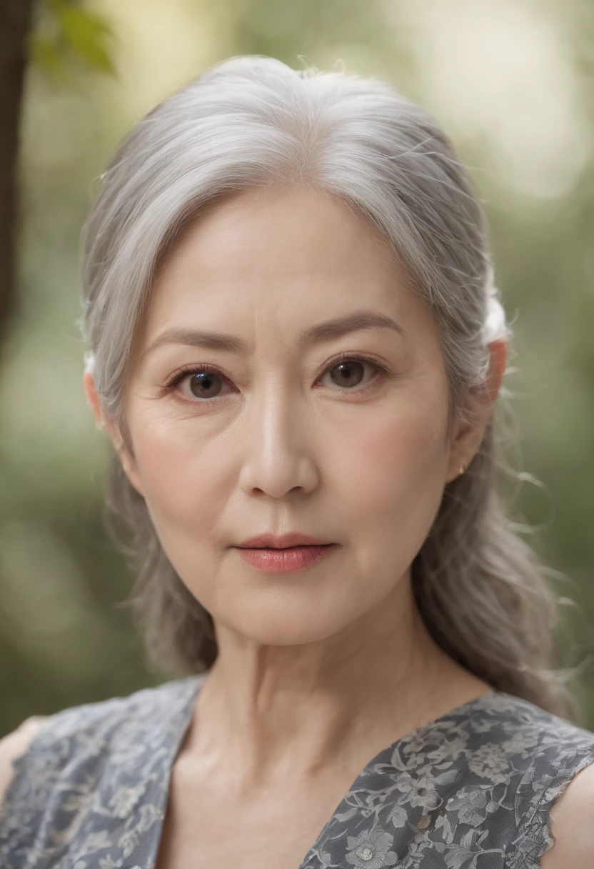 (((plump Japan and beautiful))) light skinned, Women around 65 years old, Natural gray hair, Dark brown eyes are characteristic, Complete nakedness, Exposing bust，detailed bust，slender and graceful,,,, Beautiful, In the forest with a natural atmosphere, Ultra Sharp Focus, realistic shot, nakeness, Tetradic color (Scar:1.4)
