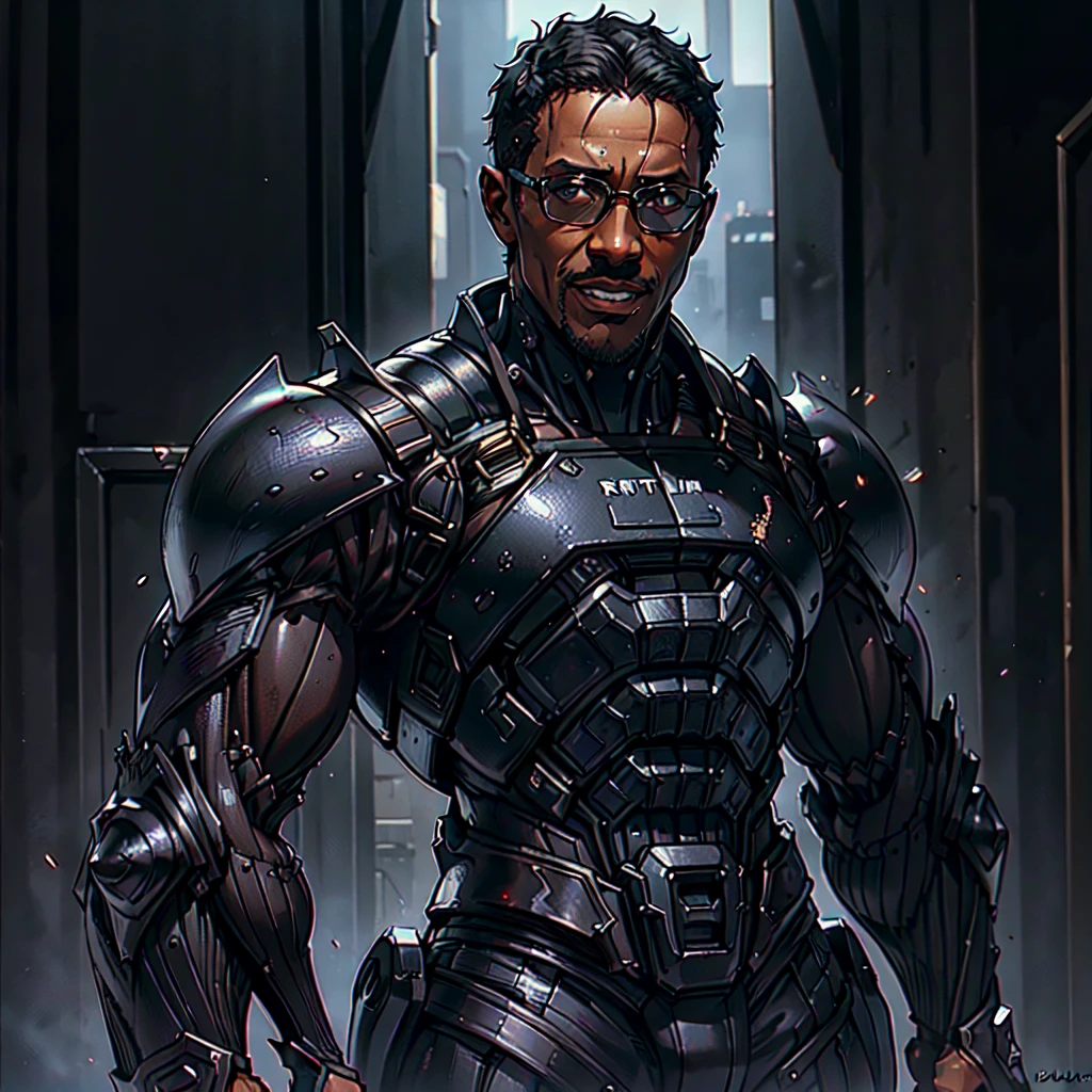 (ws1 Wesley Snipes , male), dynamic pose, ((close-up)), ((Black matte armor, )), (masterpiece, best quality), dslr,, ((Short Hair)), black hair), brown Eyes, High resolution, Ultra-pointu, 16k, Masterpiece, three sided view, glasses, smile
