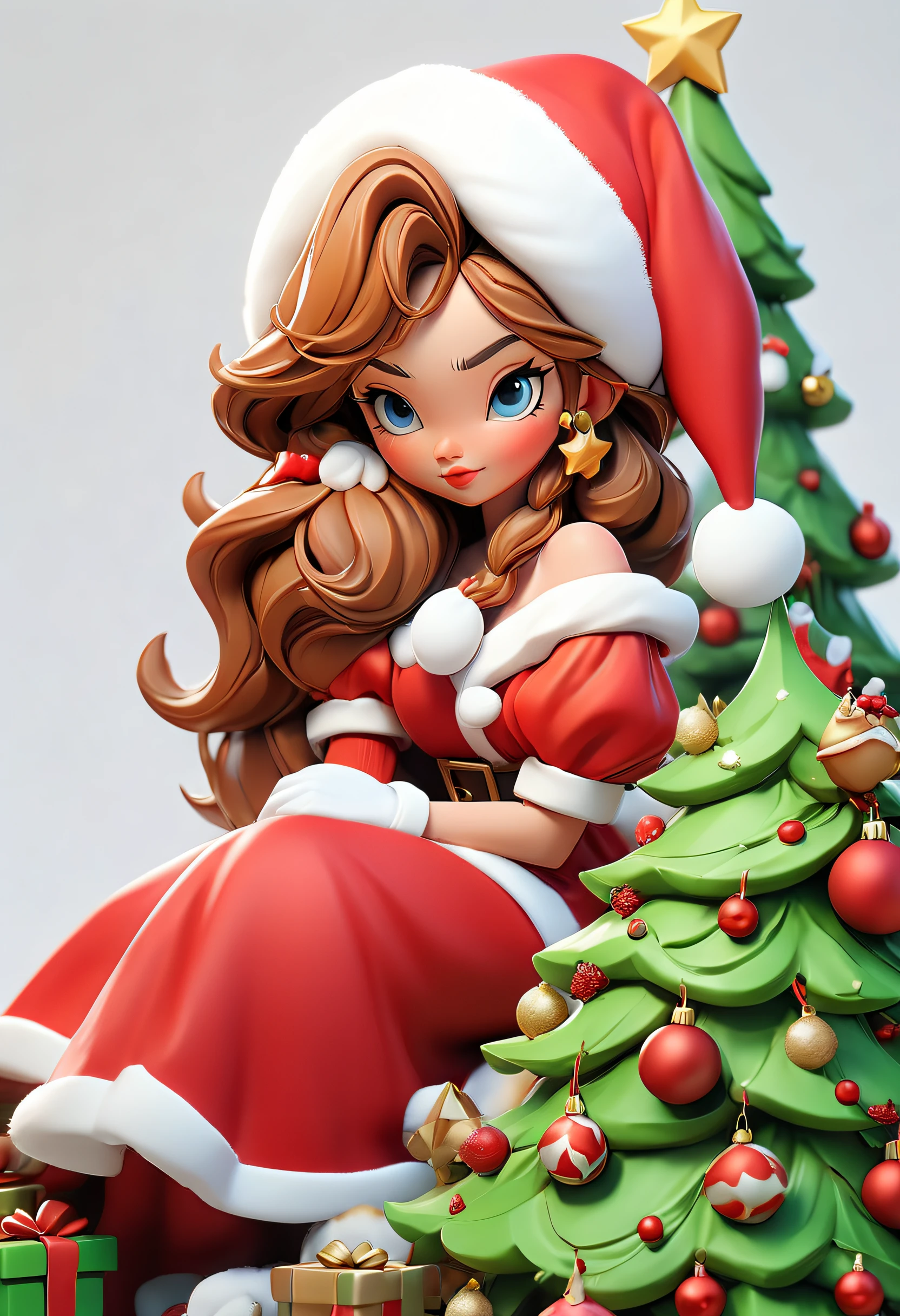 Disney style, Christmas, cartoon, Santa Claus, red clothes, next to a green Christmas tree, 3D icon, clay material equal length, 3D rendering, smooth and shiny! Cute girly style, white background, realistic use of light and color, soft gradients, Nintendo Trend, Best detail, high definition, high resolution, super quality, Ultra HD, 8k, Super detail