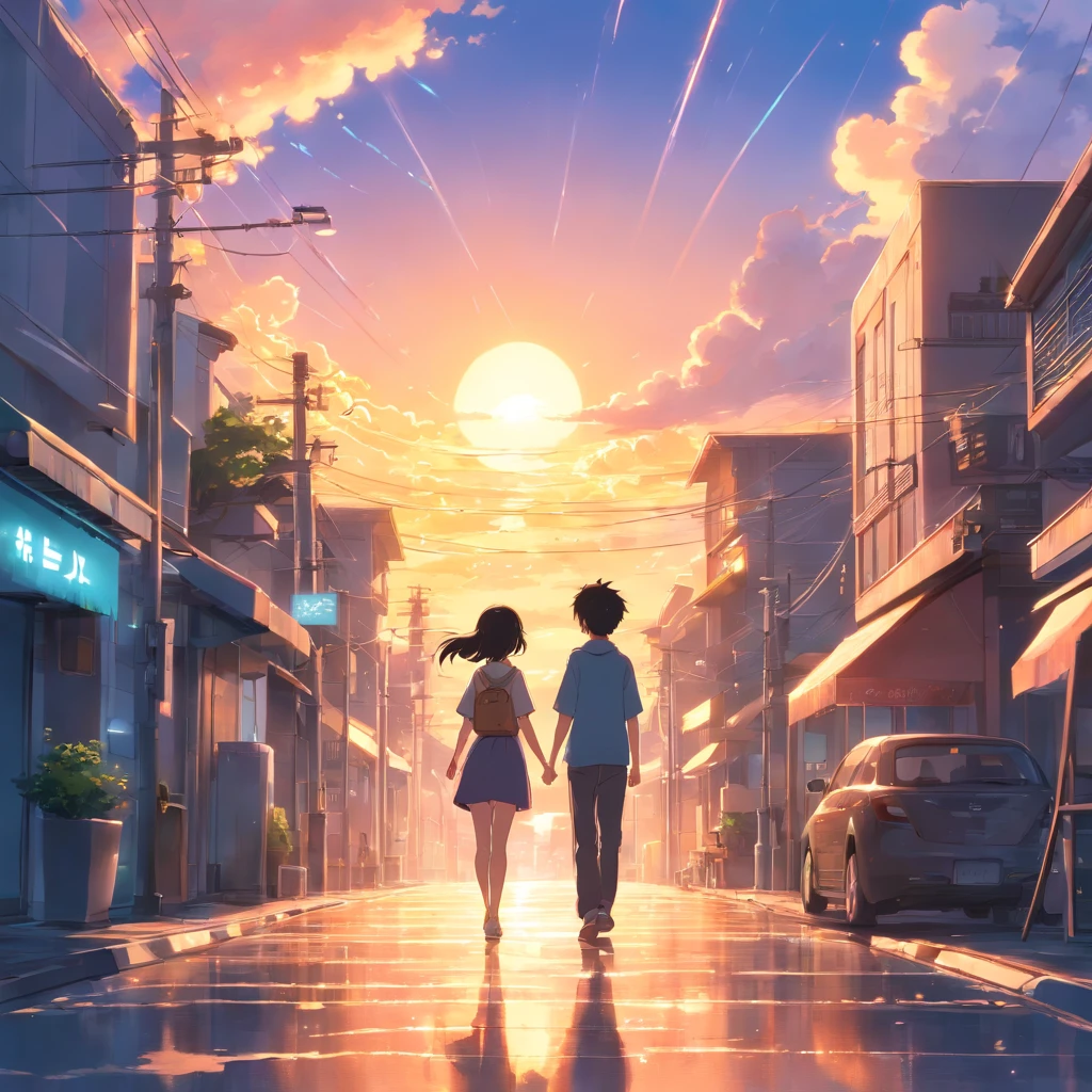 "Capture your masterpieces in the highest quality, Similar to Couple Movie Stills. The couple consists of a black boy and a white girl with black hair, It is depicted as a cloud-like entity floating in the sky.. The shot must be a bright close-up, A happy expression illuminated by warm and soft lighting. The backdrop should be a mesmerizing sunset. Add sparks to enhance the magical atmosphere (Weight: 0.7)."