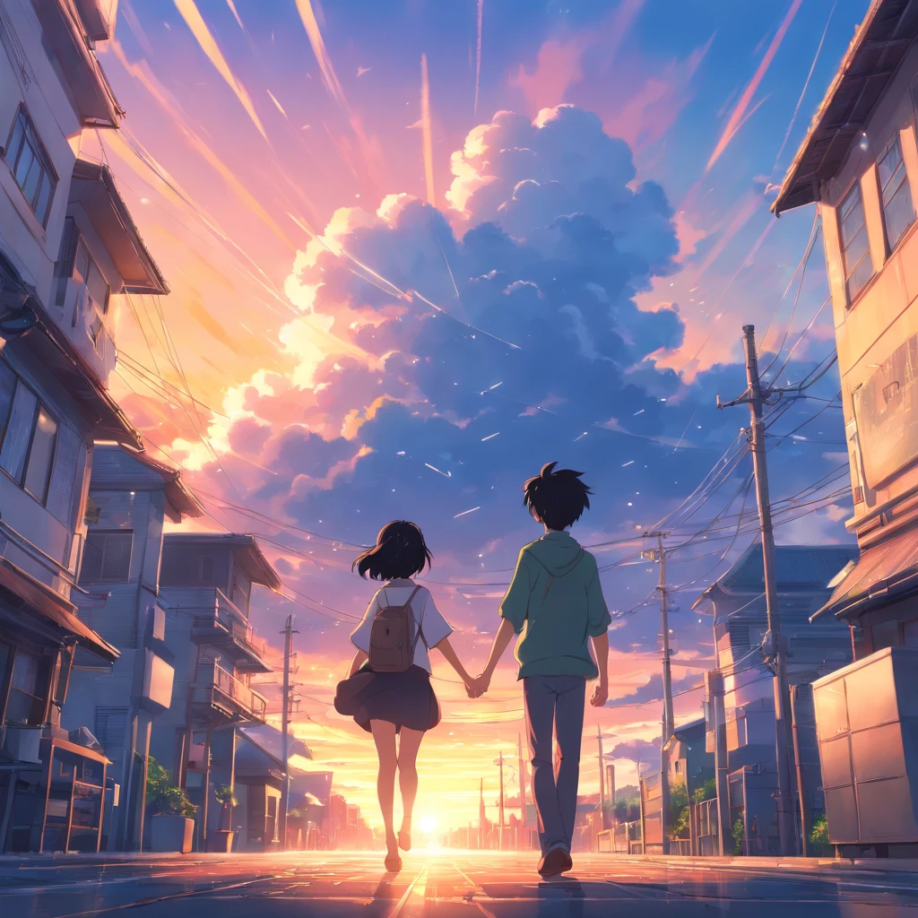 "Capture your masterpieces in the highest quality, Similar to Couple Movie Stills. The couple consists of a black boy and a white girl with black hair, It is depicted as a cloud-like entity floating in the sky.. The shot must be a bright close-up, A happy expression illuminated by warm and soft lighting. The backdrop should be a mesmerizing sunset. Add sparks to enhance the magical atmosphere (Weight: 0.7)."