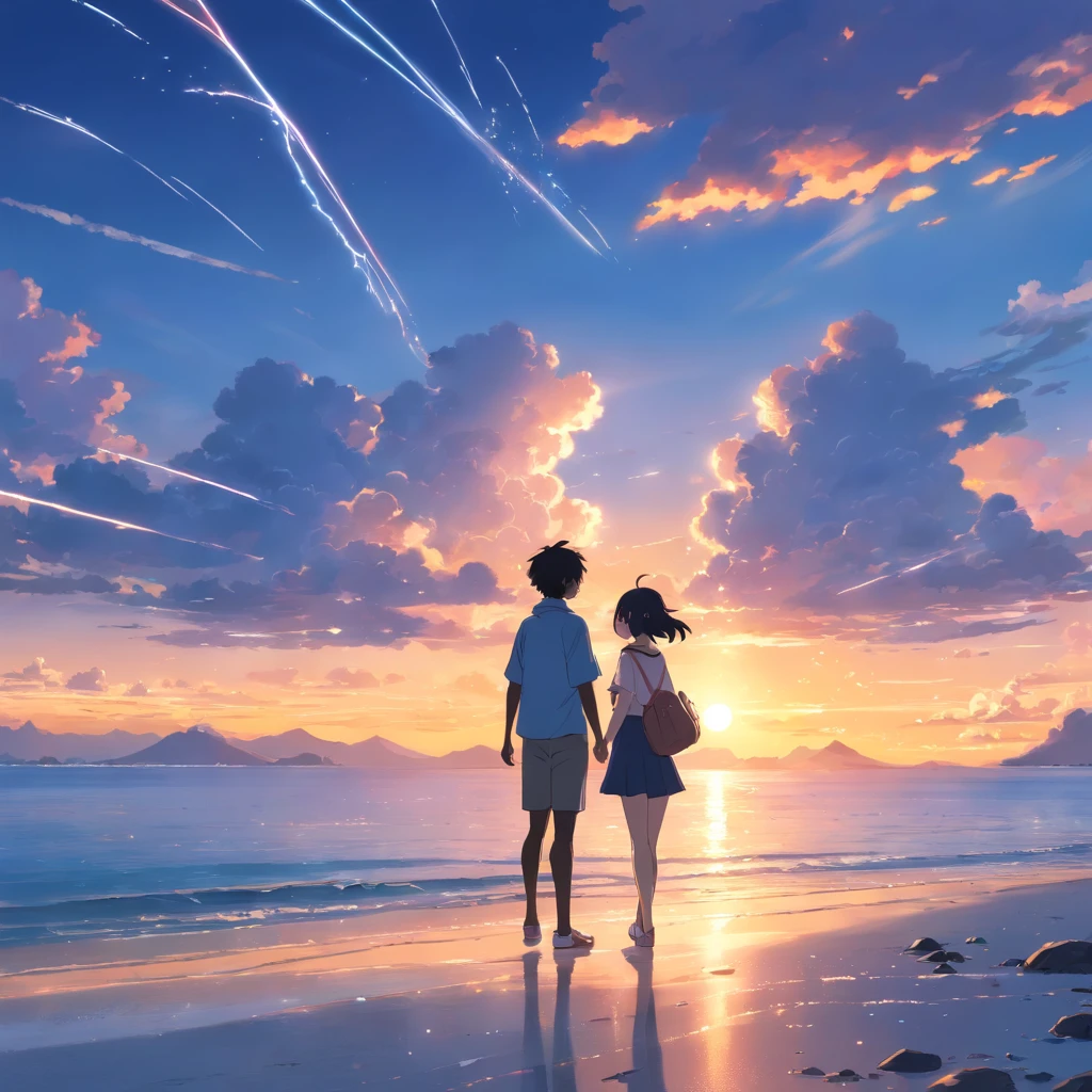 "Capture your masterpieces in the highest quality, Similar to Couple Movie Stills. The couple consists of a black boy and a white girl with black hair, It is depicted as a cloud-like entity floating in the sky.. The shot must be a bright close-up, A happy expression illuminated by warm and soft lighting. The backdrop should be a mesmerizing sunset. Add sparks to enhance the magical atmosphere (Weight: 0.7)."