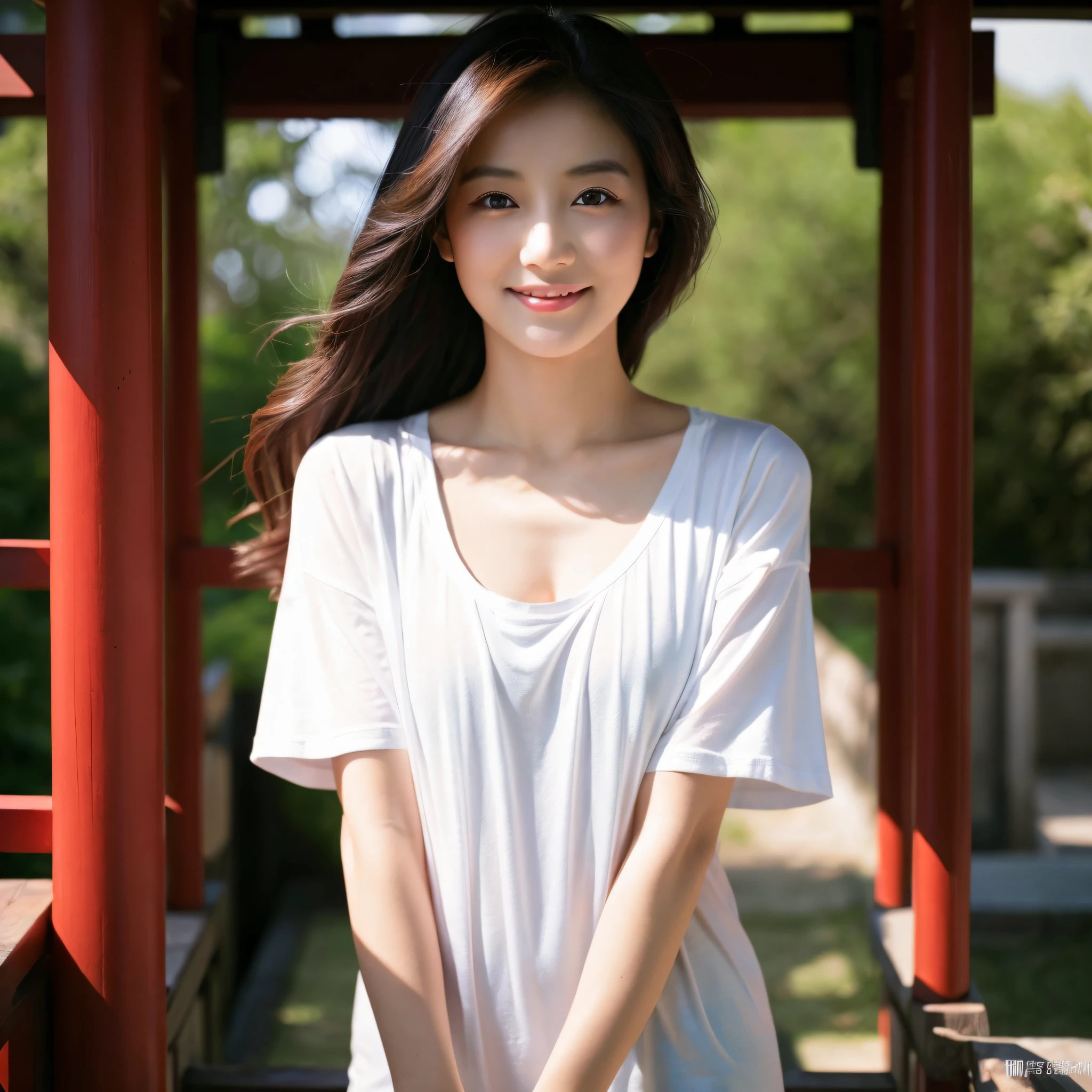 One beauty、((best qualtiy、8k masterpieces:1.3))、foco nítido:1.2、(ultra beautiful faces:1.0)、(shinny skin:1.0)、photos realistic、A dark-haired、Video Lighting、High-definition eyes and face、Video Lighting、Japanese actressl、from the front side、medium breasts、Smile、Slender Abs Beauty、Whole body、Kanji for Japan「tenderness」Wearing a T-shirt、At the shrine