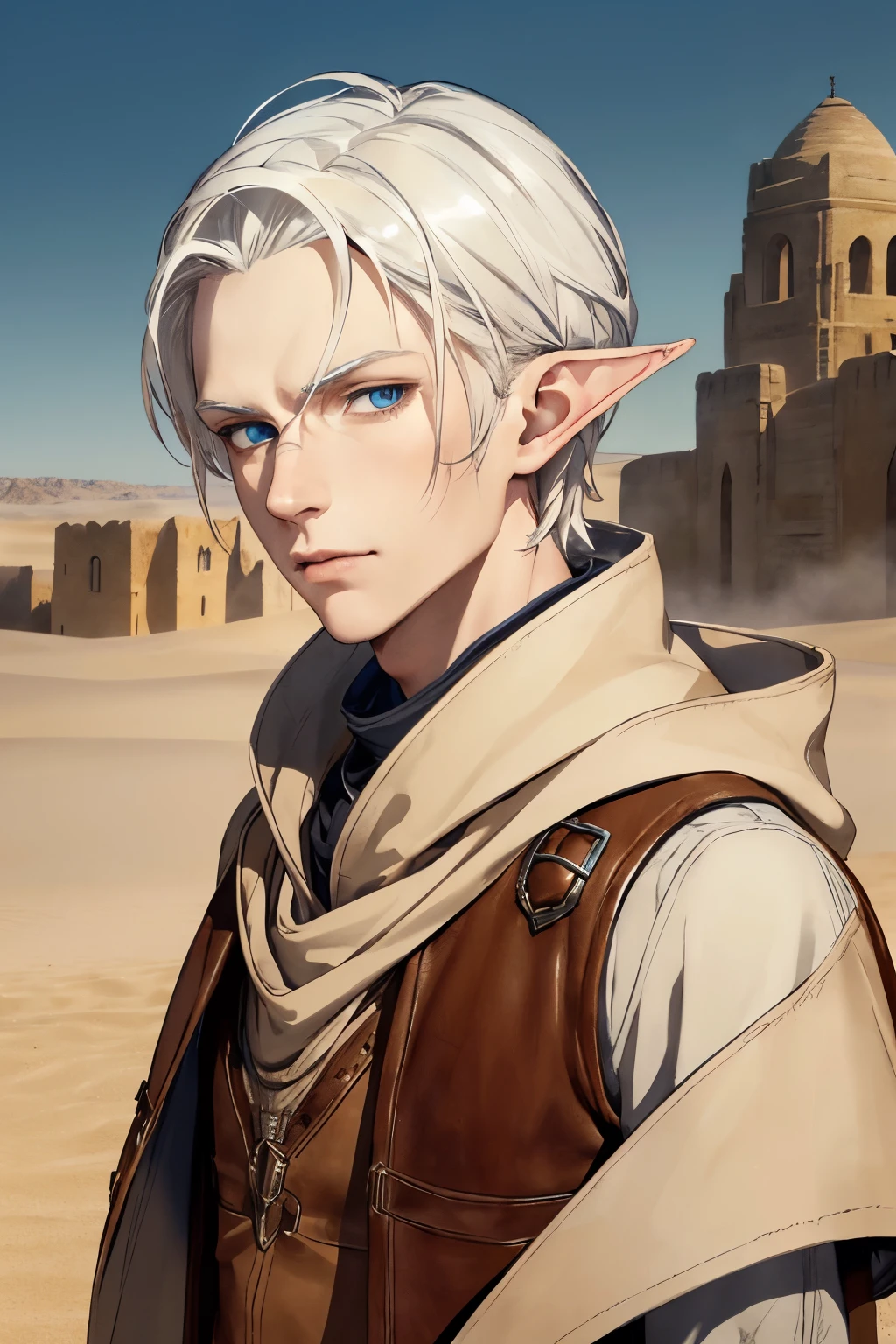 full portrait of a male elf ((full lenght portrait)), white hair, pale skin, deep blue eyes, wearing a brown leather vest, ((wearing a sand color cloack and hood)), walkin in a desert, sandstorm, steampunk style ((best quality)), ((masterpiece)), (detailed), perfect face