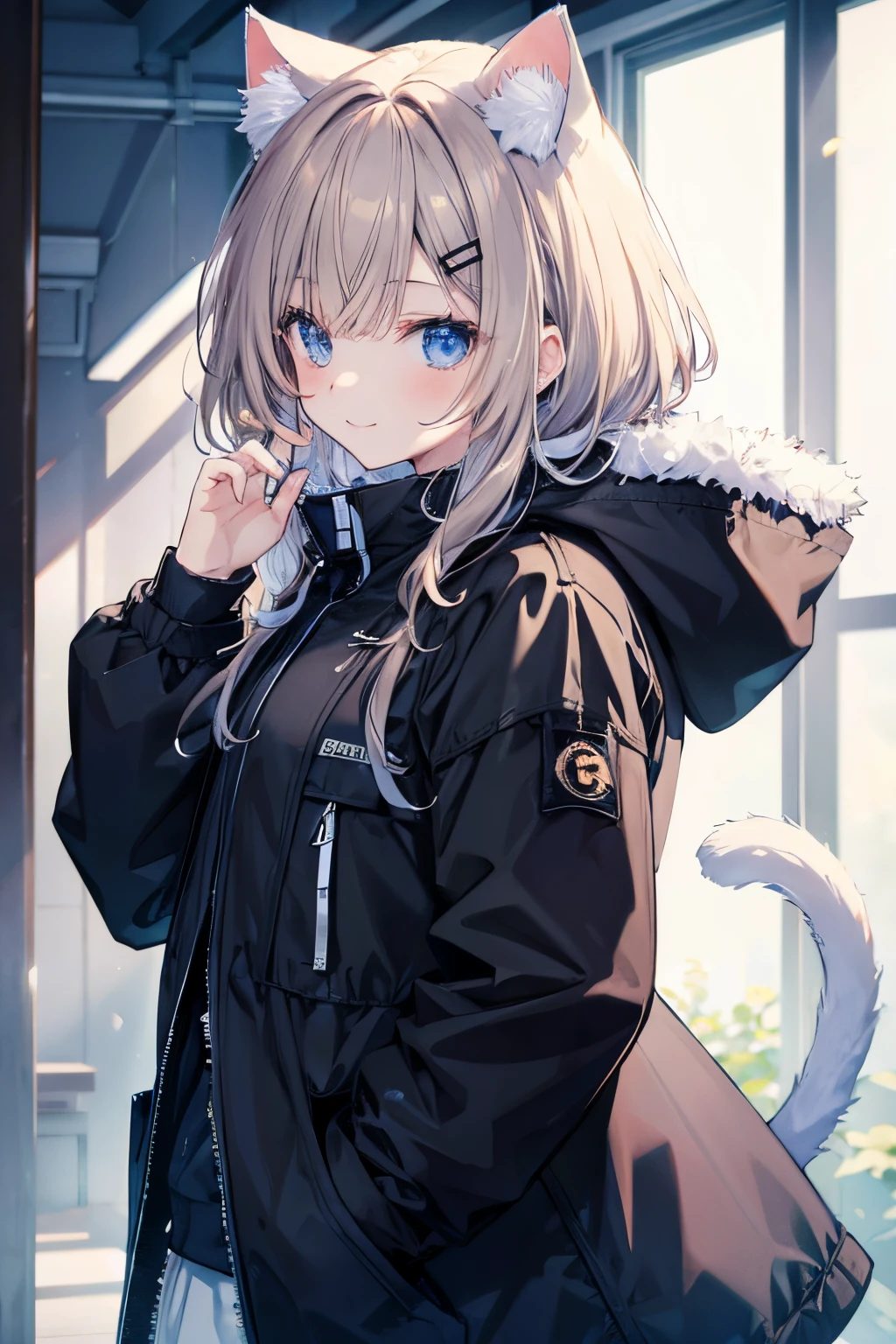 Cat's ears、parka、a smile、Brown hair