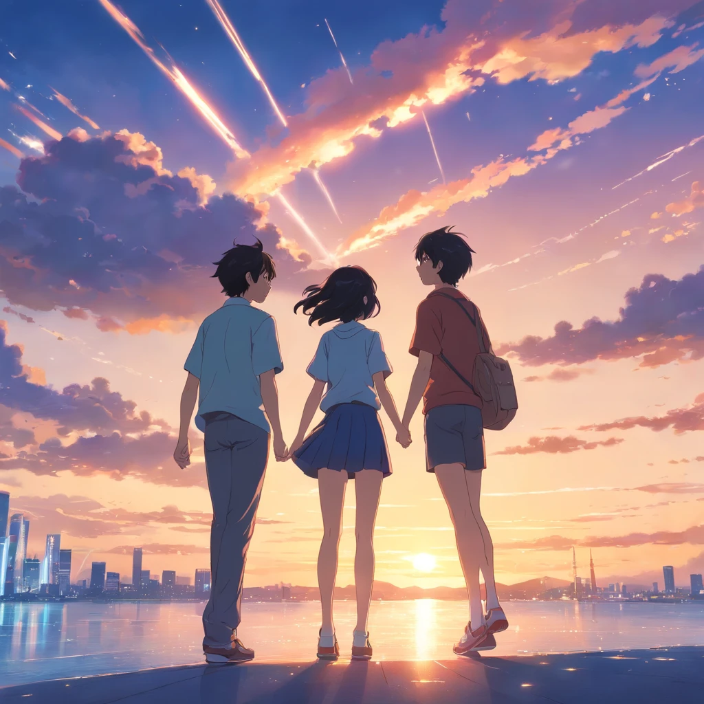 "Capture your masterpieces in the highest quality, Similar to Couple Movie Stills. This couple consists of a black-haired boy and a black-haired white girl。, It is depicted as a cloud-like entity floating in the sky.。.. The shot must be a bright close-up, A happy expression illuminated by warm and soft lighting. The background must be a mesmerizing sunset. Add sparks to enhance the magical atmosphere (Weight: 0.7)."High school students、校服