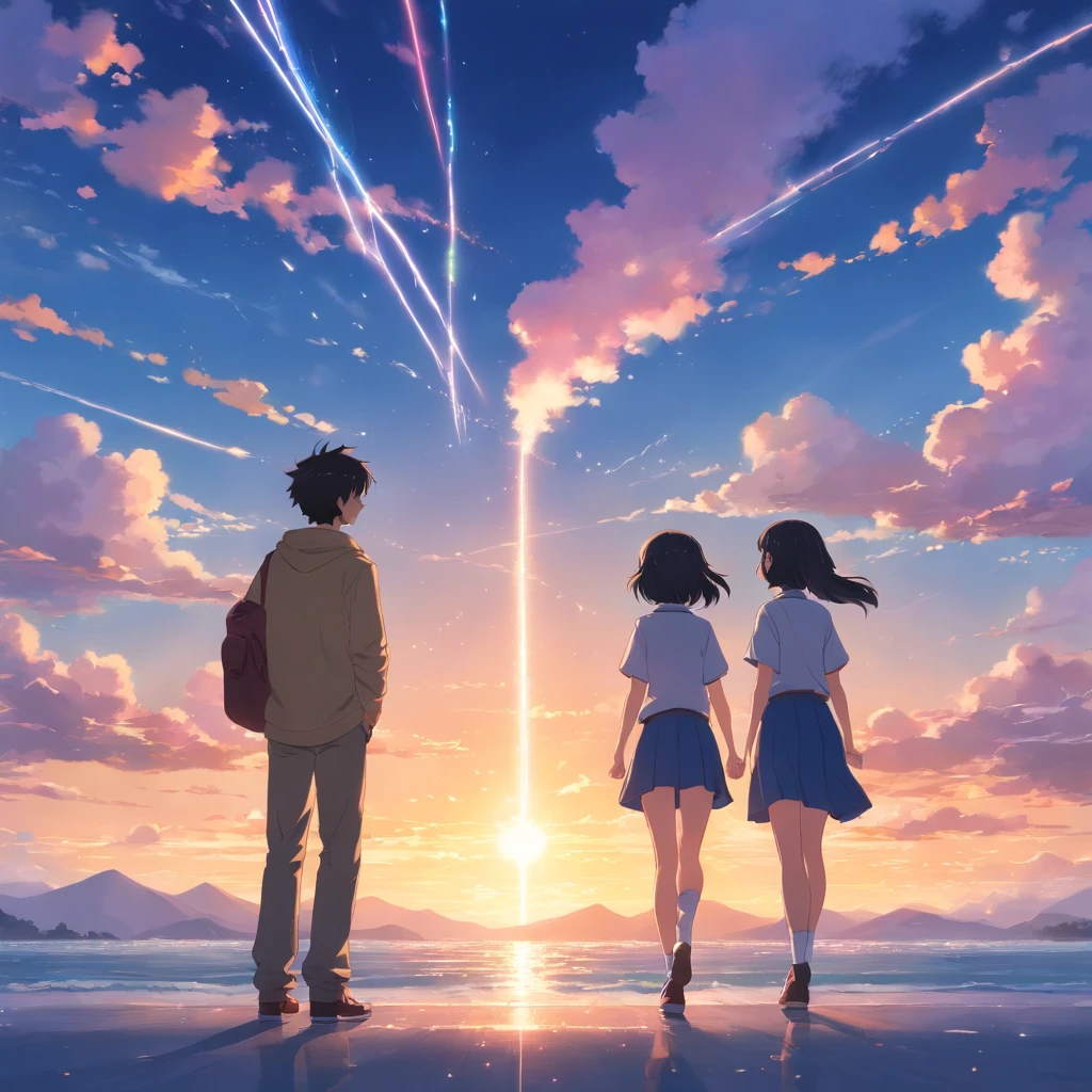 Vast sky、the beautiful skyline、Large grasslands、extremely tense and dramatic pictures、the moving visual effects、Long tailing shooting star、and colorful natural light。3女の子、(Naked:1.4)、dance、Dynamism