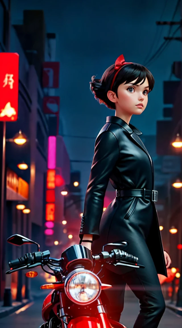 Best image quality, outstanding detail, ultra high resolution, (realism: 1.4), best illustration, prefer details, futuristic high-tech motorcycle, standing posture, Kiki posing, background is a high-tech lighting scene of futuristic city, black coat, slit, red ribbon, kiki, gigi, active,