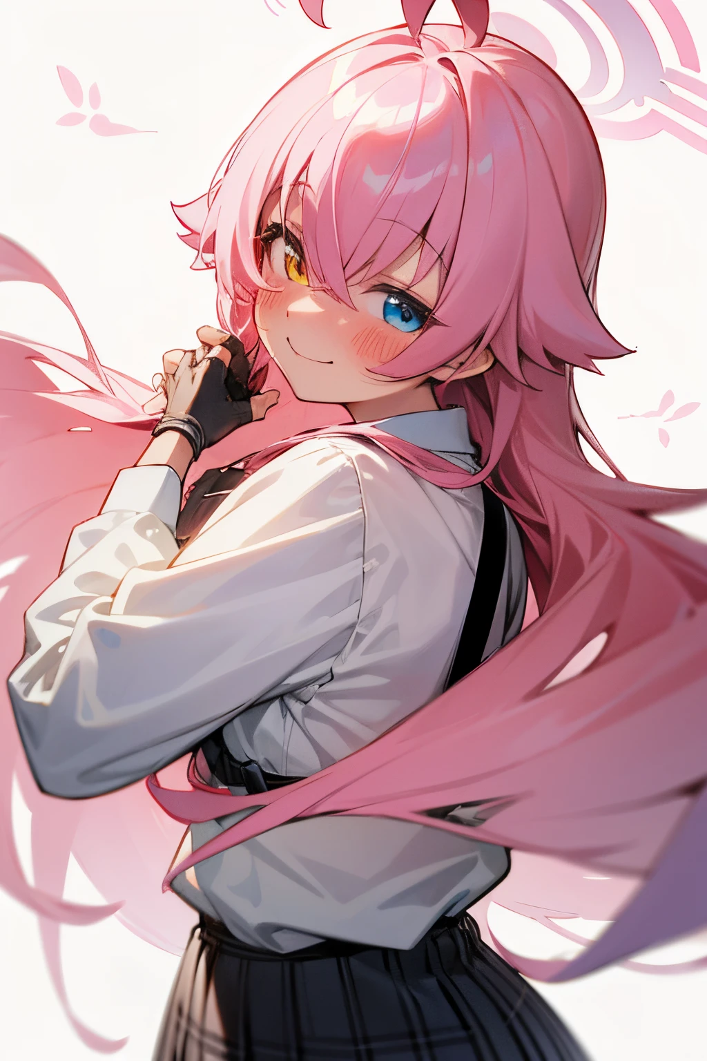 Hoshino, pink hair, long hair, happy face, blushing, look at camera, hands behing back