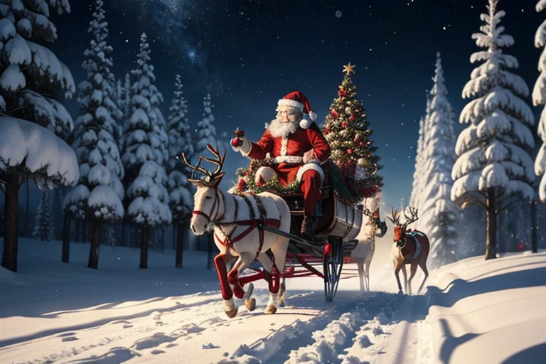 Visualize and craft an image that seamlessly blends the digital and magical realms, bringing Santa Claus riding on a sleigh pulled by reindeer directly from a mobile screen. Envision the screen as a portal to a snowy wonderland, where Santa and his reindeer burst forth, spreading holiday cheer into the real world. Capture the excitement and enchantment as the festive scene spills over from the mobile device, filling the surroundings with the joy of Christmas. Infuse your creation with a sense of connection between the virtual and tangible, making the viewer feel the magic of Santa's journey emerging into their own space