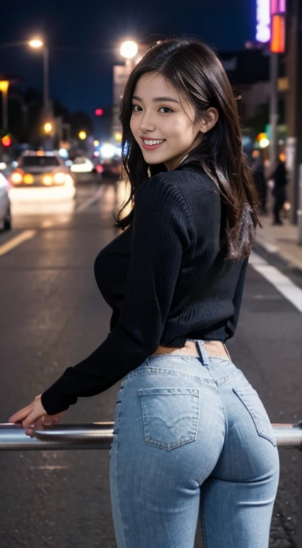 ((facing back)), ((Composition in which the whole body is visible)), ((Skinny Long Jeans)), ((Black Tight Sweater)), A city scape, 1womanl, Solo, 24 year old, 7headed body, (cute  face), (Ideal ratio body proportions), (fully body photo),Smiling smile, erectile nipple, Sexy body, Wet, Layered Hair Style, Dark hair, Big, Plump buttocks, beauty legs, surrealism, Cinematic lighting, depth of fields, One-person viewpoint, nffsw, masutepiece, ccurate, ((Anatomically correct)), Textured skin, Super Detail, high details, High quality, awardwinning, Best Quality, hight resolution, 8K