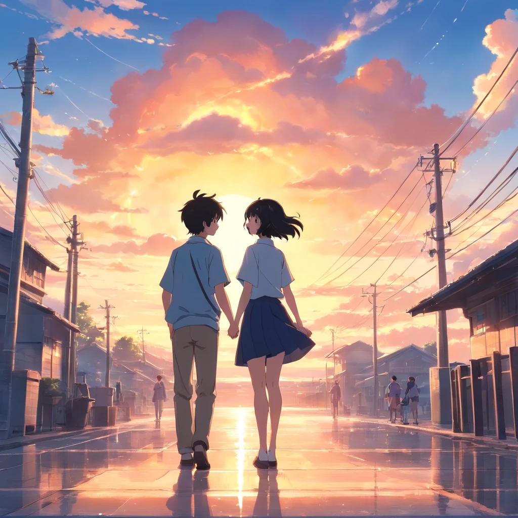 "Capture your masterpieces in the highest quality, Similar to Couple Movie Stills. This couple consists of a black-haired boy and a black-haired white girl。, It is depicted as a cloud-like entity floating in the sky.。.. The shot must be a bright close-up, A happy expression illuminated by warm and soft lighting. The background must be a mesmerizing sunset. Add sparks to enhance the magical atmosphere (Weight: 0.7)."High school students、校服、trouser、skirt by the