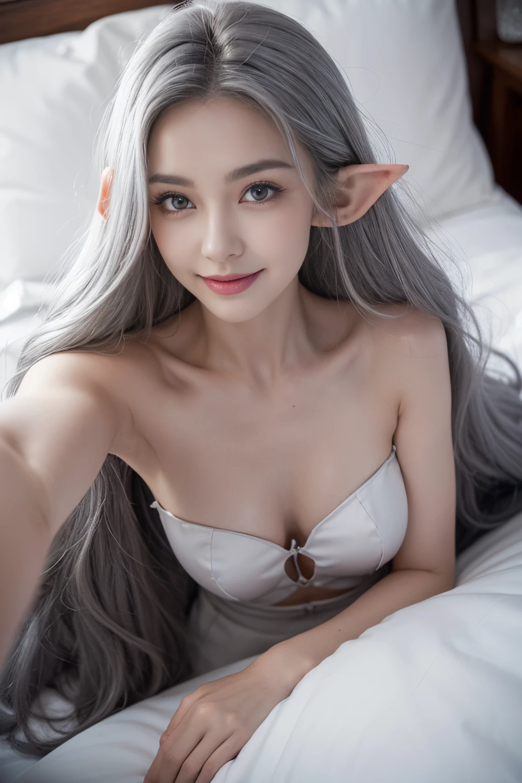 Top quality, camera looking down from above, beautiful elf, fearless smile, ideal proportions, big breasts, slit eyes, red eyes, (shiny, beautiful grey hair), semi-long hair, small pointed elf ears visible through hair, white bare skin, lying on a white bed.