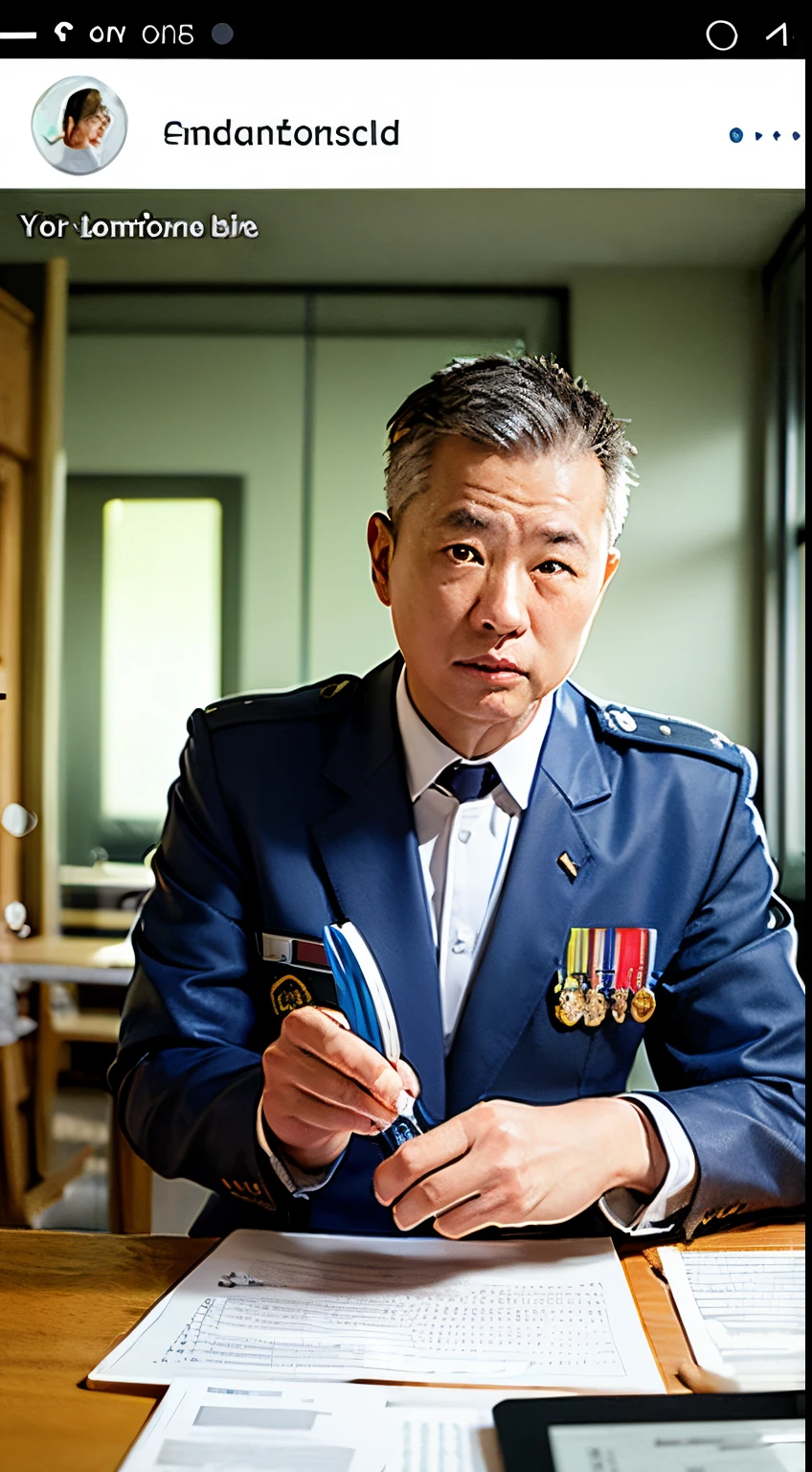 40s year old，a chinese male，soldier outfit，In front of the table，transmitter，Morse Code，